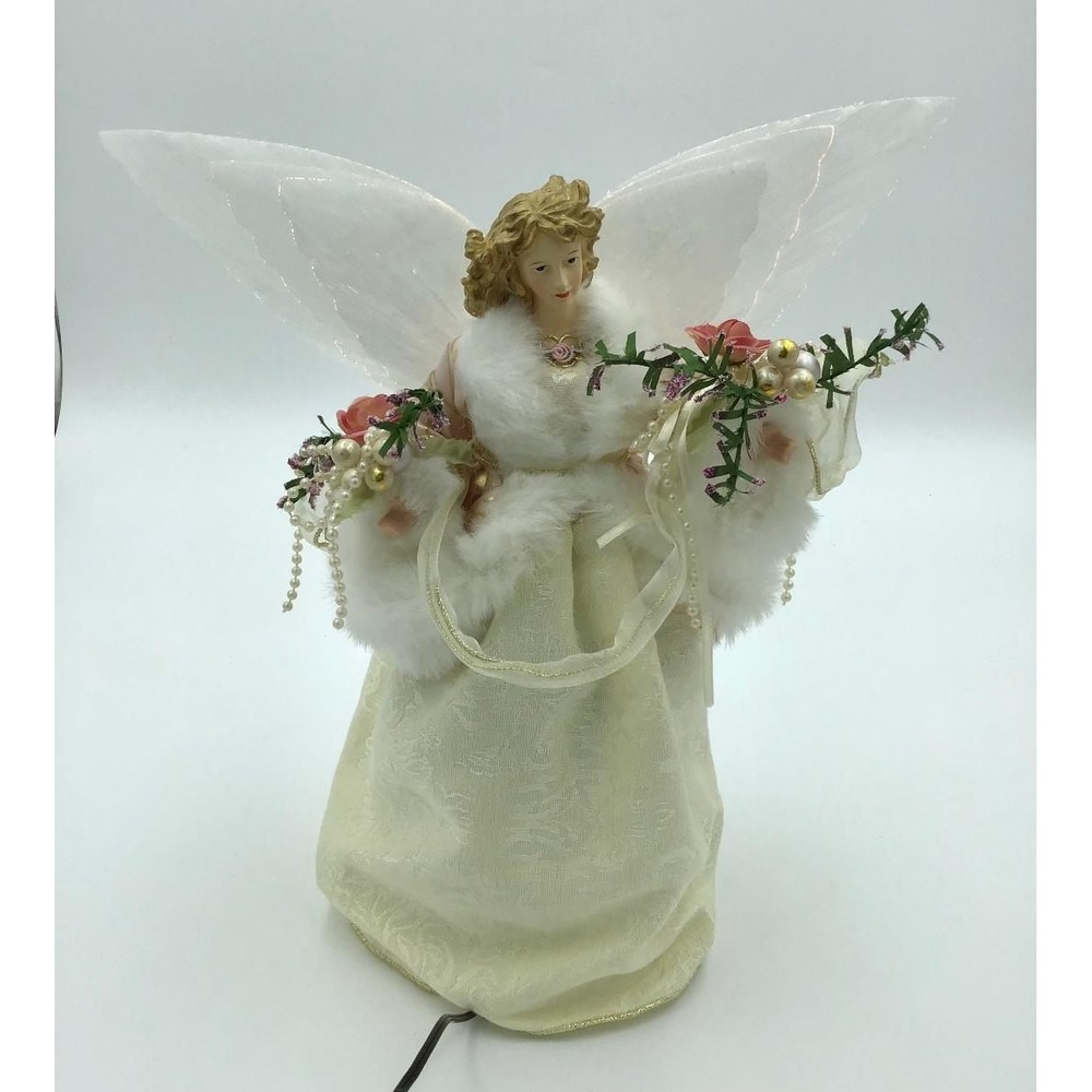 VTG White Fiber Optic Angel Christmas Tree Topper Cream Faux Fur Illuminated